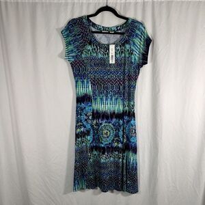 New Westbound Midi Dress Women's Small Green Blue Print Short Sleeve Round Neck